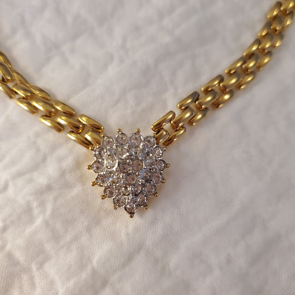 D'Orlan Vintage Gold Tone Chain Necklace with Rhinestone Heart Pendant 16 Inches
